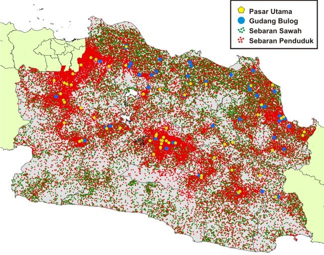 Peta pasar utama, gudang Bulog, sebaran penduduk dan sebaran sawah di Jawa Barat.
