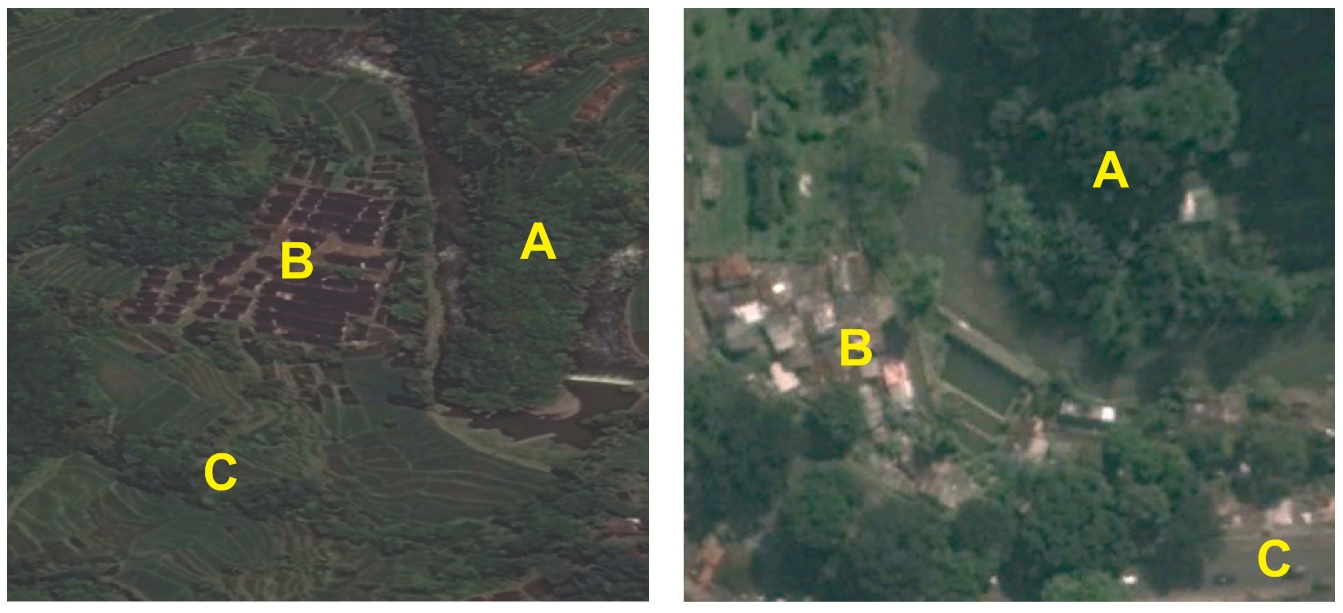 Pemukiman organik di Kampung Naga, Tasikmalaya (kiri) dan Sungai Cikapundung, Kota Bandung (kanan). 